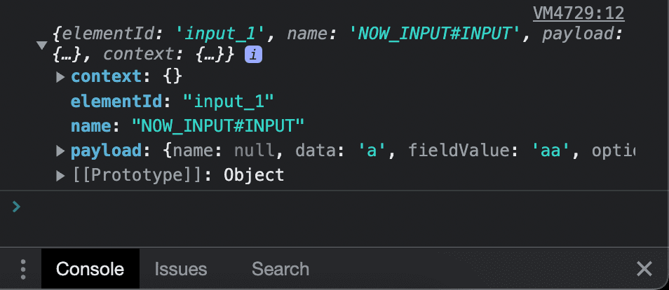 Viewing the logged event structure in the browser console